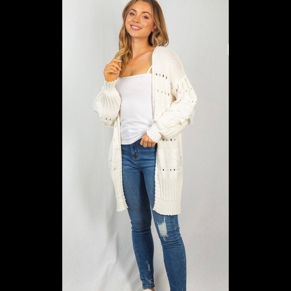White Long Sleeve Solid Knit Cardigan With Eyelet Detail - Picture 3 of 9